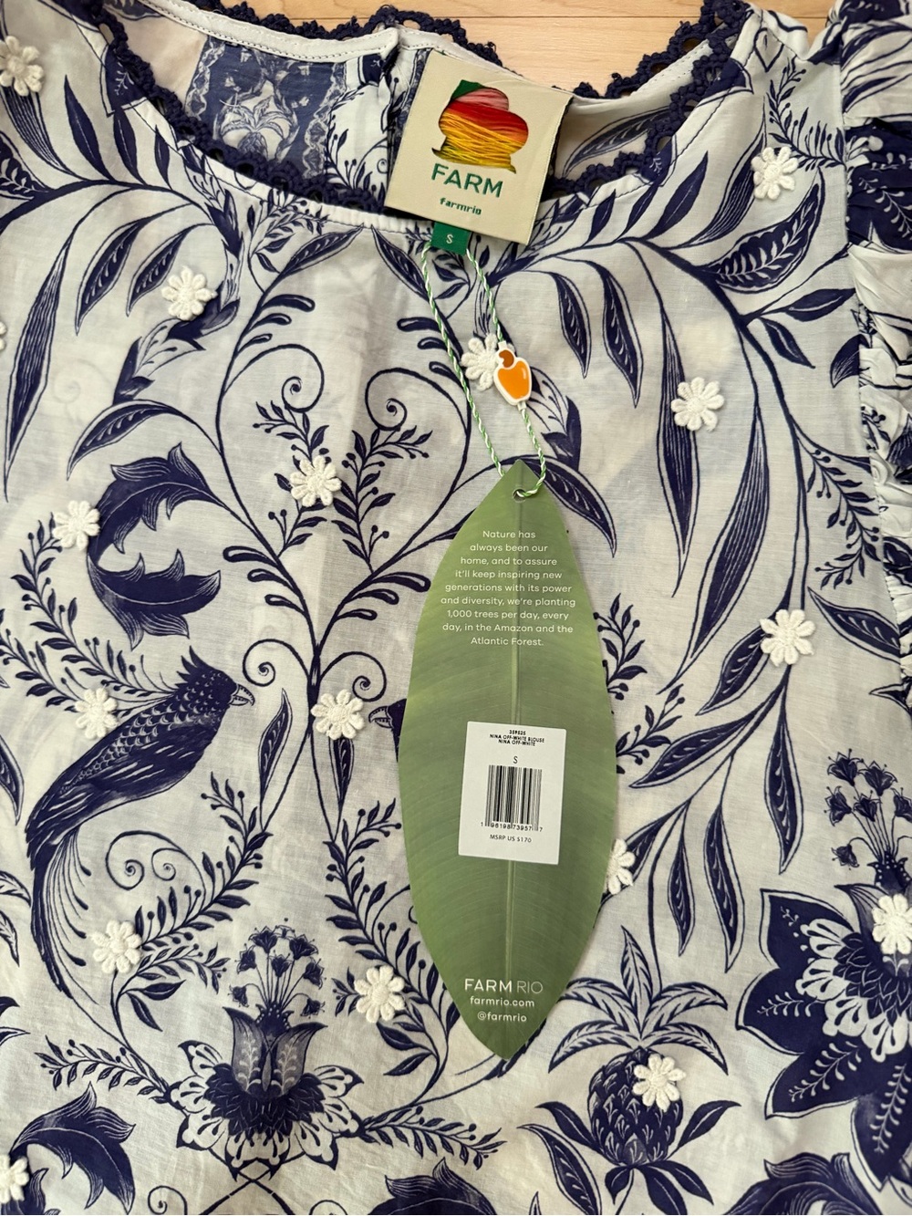 FARM Rio Blue and White Botanical Puff-Sleeve Top - Picture 7 of 7